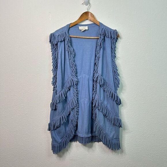 Cache Vintage Blue Fringe Open Front Festival Sleeveless Vest Cardigan One Size - Picture 1 of 13